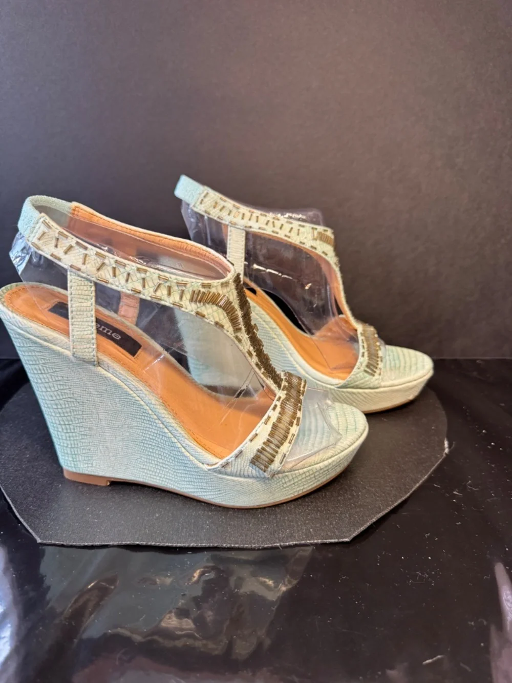 Theme Mint Green/Blue Snake Emb Beaded Wedge Sandals Size 6 T-Strap Heels